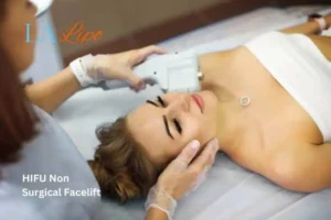 Woman having Hi-Fu to reduce wrinkles Greater Manchester.