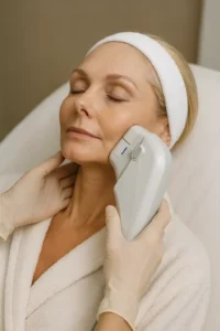 Woman receiving HIFU non surgical facelift treatment Greater Manchester