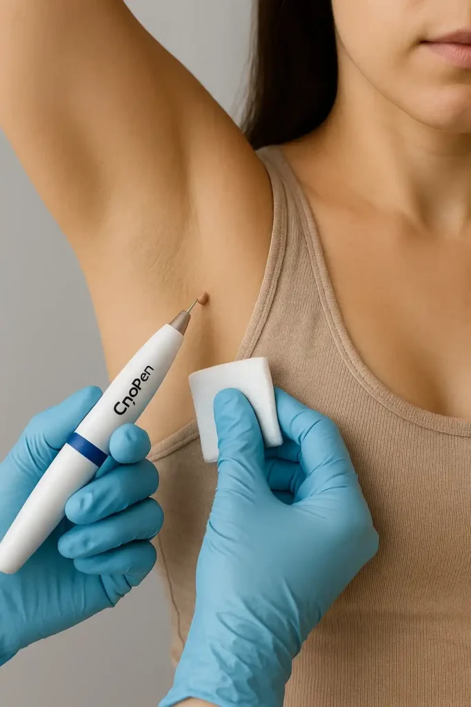 woman having cryopen to remove underarm skin tags Greater Manchester