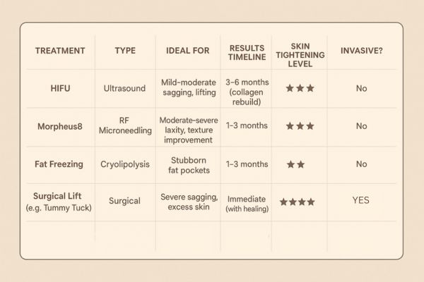 Table showing the comparisons of Skin tightening Greater Manchester treatment options.
